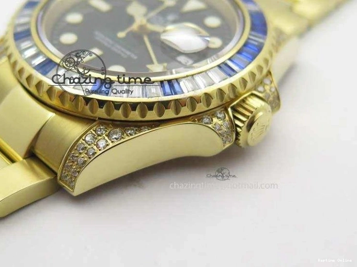 0414 GMT-Master II 116759 YG Bp-Maker Blue Ruby Crystal Bezel Black Dial On YG Bracelet A NewStyle 3775